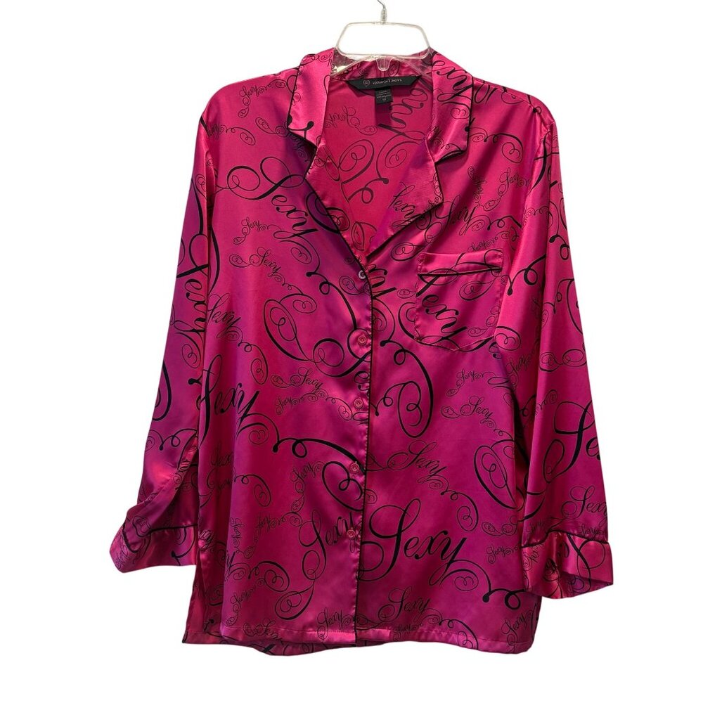 Victorias Secret Pink Satin Pajama Top SEXY  Black Script Print Size Sm‎ Pocket